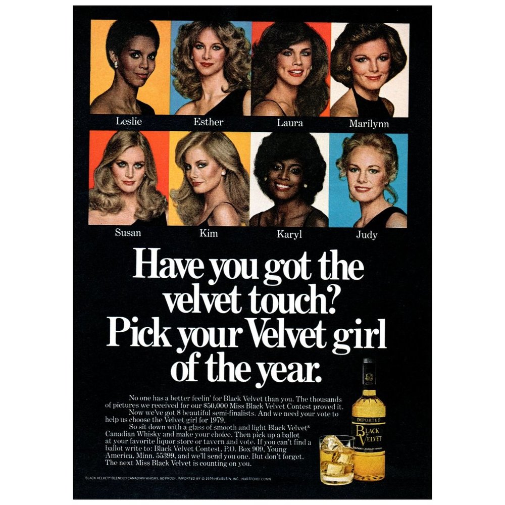 1979 Black Velvet Canadian Whisky Vintage Print Ad Pick Your Girl Wall Art Photo